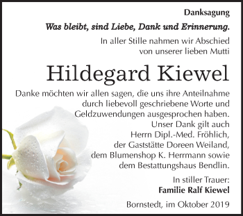 Traueranzeige von Hildegard Kiewel von Wochenspiegel Mansfelder Land