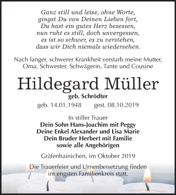 Traueranzeige von Hildegard Müller von Super Sonntag Wittenberg