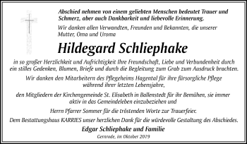 Traueranzeige von Hildegard Schliephake von Mitteldeutsche Zeitung Quedlinburg