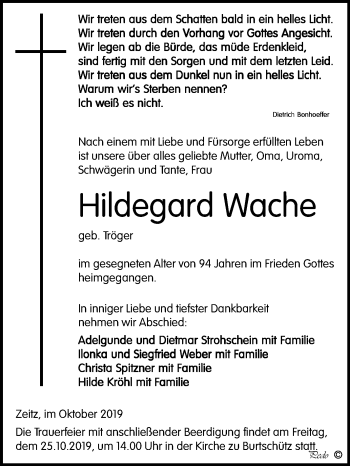 Traueranzeige von Hildegard Wache von Super Sonntag Zeitz