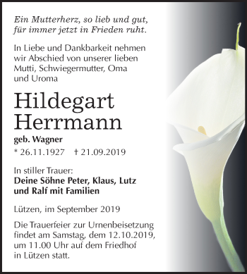 Traueranzeige von Hildegart Herrmann von Wochenspiegel Weißenfels