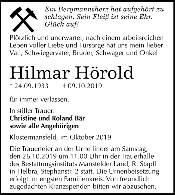 Traueranzeige von Hilmar Hörold von Mitteldeutsche Zeitung Mansfelder Land