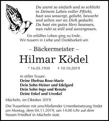 Traueranzeige von Hilmar Ködel von Super Sonntag Merseburg/Querfurt