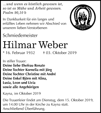 Traueranzeige von Hilmar Weber von Mitteldeutsche Zeitung Zeitz