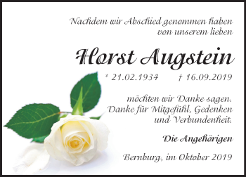Traueranzeige von Horst Augstein von Mitteldeutsche Zeitung Bernburg