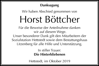 Traueranzeige von Horst Böttcher von Mitteldeutsche Zeitung Mansfelder Land
