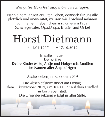 Traueranzeige von Horst Dietmann von Mitteldeutsche Zeitung Quedlinburg
