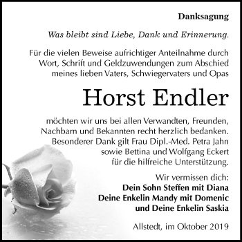 Traueranzeige von Horst Endler von Super Sonntag Sangerhausen