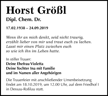Traueranzeige von Horst Größl von Mitteldeutsche Zeitung Dessau-Roßlau
