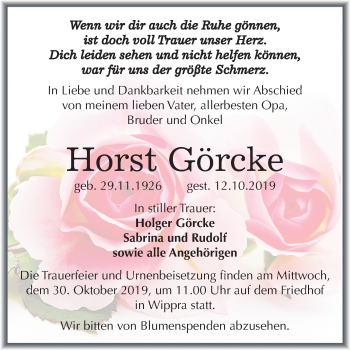 Traueranzeige von Horst Görcke von Super Sonntag Sangerhausen