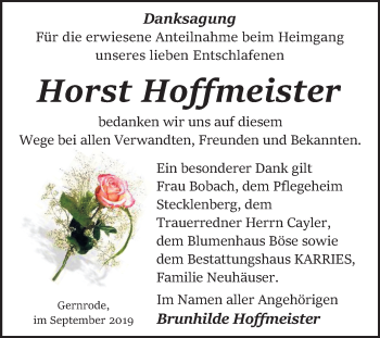 Traueranzeige von Horst Hoffmeister von Mitteldeutsche Zeitung Quedlinburg