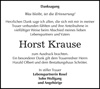 Traueranzeige von Horst Krause von Wochenspiegel Bitterfeld