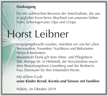 Traueranzeige von Horst Leibner von Super Sonntag Mansfelder Land