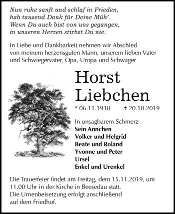 Traueranzeige von Horst Liebchen von Mitteldeutsche Zeitung Bernburg
