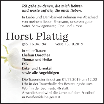 Traueranzeige von Horst Plattig von Mitteldeutsche Zeitung Weißenfels