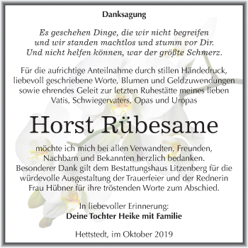 Traueranzeige von Horst Rübesame von Mitteldeutsche Zeitung Mansfelder Land