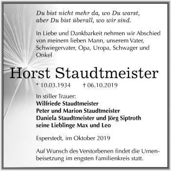 Traueranzeige von Horst Staudtmeister von Super Sonntag Merseburg/Querfurt