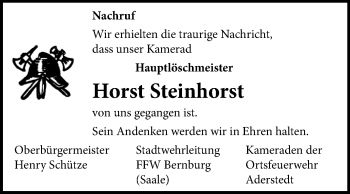Traueranzeige von Horst Steinhorst von Super Sonntag Bernburg