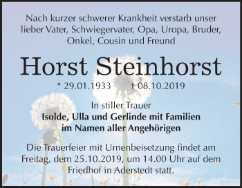 Traueranzeige von Horst Steinhorst von Mitteldeutsche Zeitung Bernburg