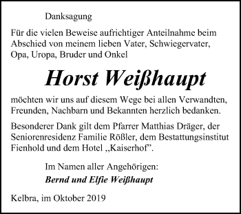 Traueranzeige von Horst Weißhaupt von Super Sonntag Sangerhausen