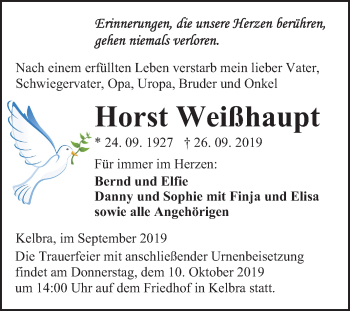 Traueranzeige von Horst Weißhaupt von Mitteldeutsche Zeitung Sangerhausen