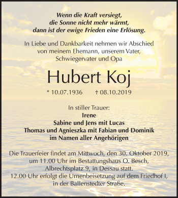 Traueranzeige von Hubert Koj von Super Sonntag Dessau-Roßlau
