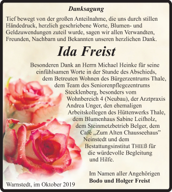 Traueranzeige von Ida Freist von Mitteldeutsche Zeitung Quedlinburg