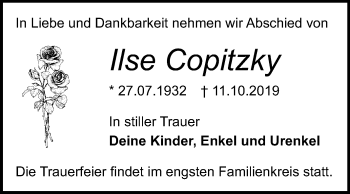 Traueranzeige von Ilse Copitzky von Super Sonntag Wittenberg