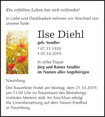 Traueranzeige von Ilse Diehl von Mitteldeutsche Zeitung Naumburg/Nebra
