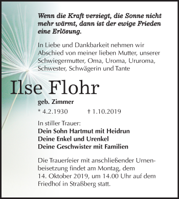 Traueranzeige von Ilse Flohr von Mitteldeutsche Zeitung Quedlinburg