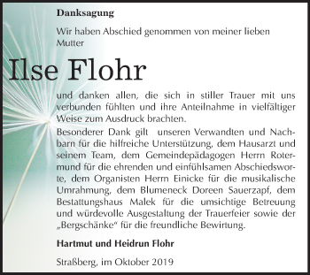 Traueranzeige von Ilse Flohr von Mitteldeutsche Zeitung Quedlinburg