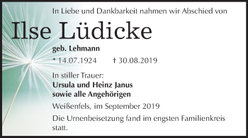 Traueranzeige von Ilse Lüdicke von Wochenspiegel Weißenfels