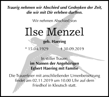 Traueranzeige von Ilse Menzel von Super Sonntag Dessau-Roßlau