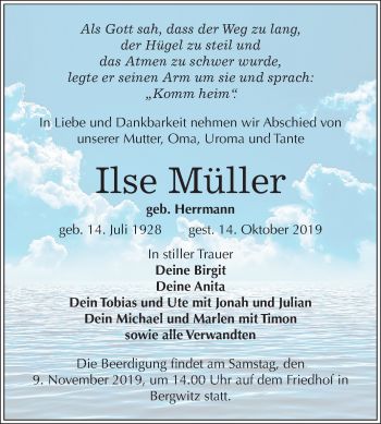 Traueranzeige von Ilse Müller von Super Sonntag Wittenberg