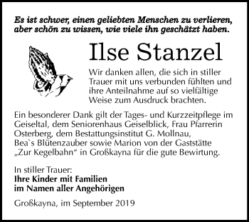 Traueranzeige von Ilse Stanzel von Wochenspiegel Merseburg/Querfurt