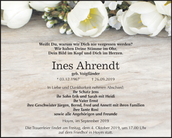 Traueranzeige von Ines Ahrendt von Mitteldeutsche Zeitung Aschersleben / Quedlinburg