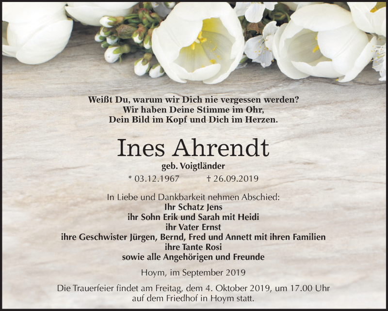  Traueranzeige für Ines Ahrendt vom 01.10.2019 aus Mitteldeutsche Zeitung Aschersleben / Quedlinburg