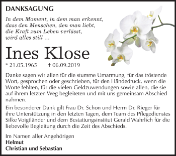 Traueranzeige von Ines Klose von Mitteldeutsche Zeitung Mansfelder Land