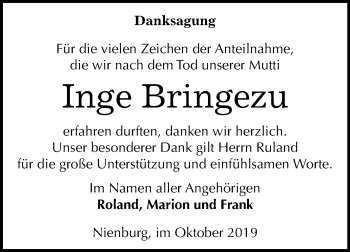 Traueranzeige von Inge Bringezu von Mitteldeutsche Zeitung Bernburg