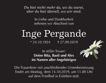 Traueranzeige von Inge Pergande von Mitteldeutsche Zeitung Mansfelder Land