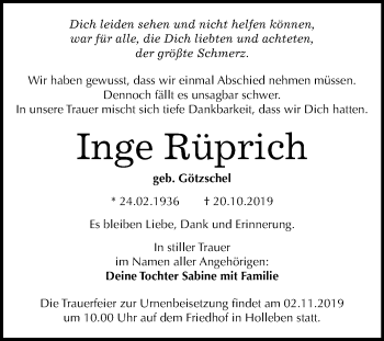 Traueranzeige von Inge Rüprich von Mitteldeutsche Zeitung Halle/Saalkreis
