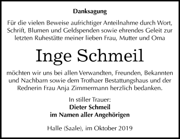 Traueranzeige von Inge Schmeil von Mitteldeutsche Zeitung Halle/Saalkreis