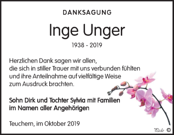 Traueranzeige von Inge Unger von Wochenspiegel Weißenfels