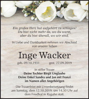 Traueranzeige von Inge Wacker von Wochenspiegel Bitterfeld