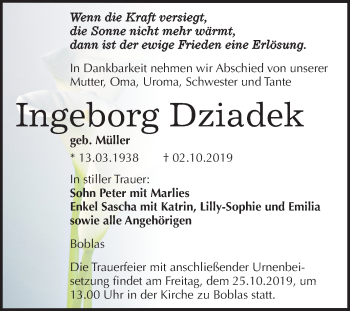Traueranzeige von Ingeborg Dziadek von Wochenspiegel Naumburg/Nebra
