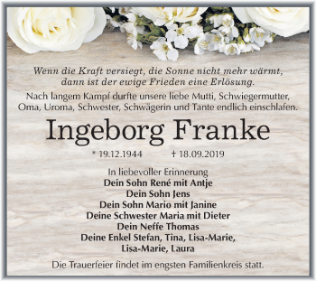 Traueranzeige von Ingeborg Franke von Mitteldeutsche Zeitung Mansfelder Land