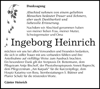 Traueranzeige von Ingeborg Heinrich von Super Sonntag Wittenberg