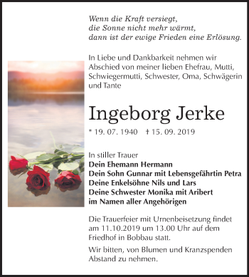 Traueranzeige von Ingeborg Jerke von Wochenspiegel Bitterfeld