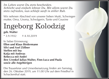 Traueranzeige von Ingeborg Kolodzig von Super Sonntag Aschersleben