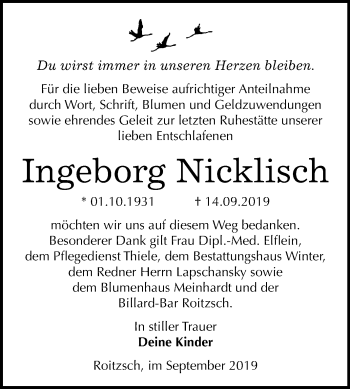 Traueranzeige von Ingeborg Nicklisch von Wochenspiegel Bitterfeld
